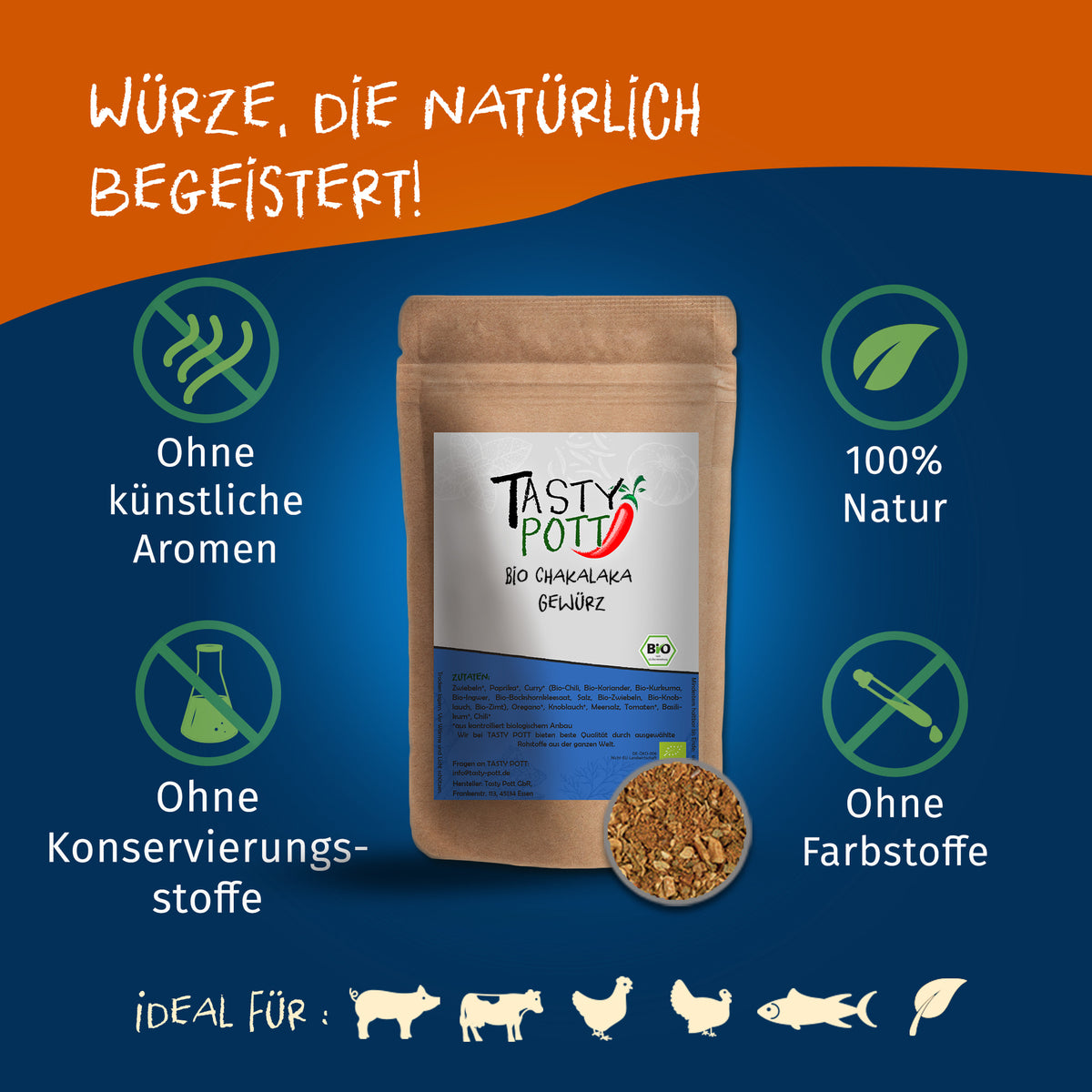 Tasty Pott Bio Chakalaka Gewürz in brauner Tüte mit Sichtfenster, umgeben von Icons zu natürlichen Eigenschaften und idealen Anwendungen für gewürzmischungen.