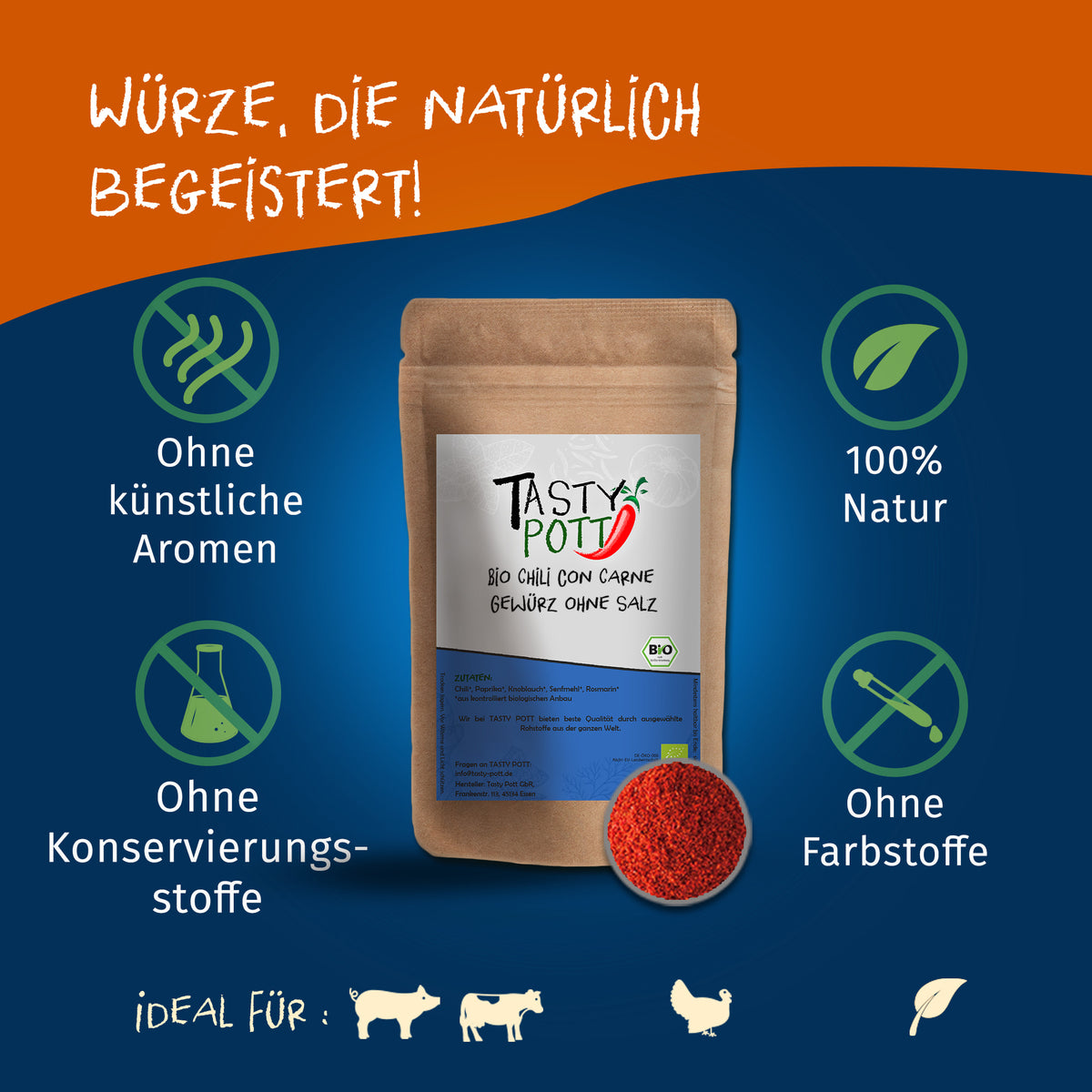 Tasty Pott Bio Chili con Carne Gewürz - ohne Salz - 100g Dose — Abbildung 2