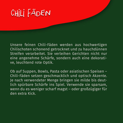Texttafel mit Beschreibung der feinen Chili Fäden von Tasty Pott auf grün-rotem Hintergrund, ohne sichtbares Produkt.