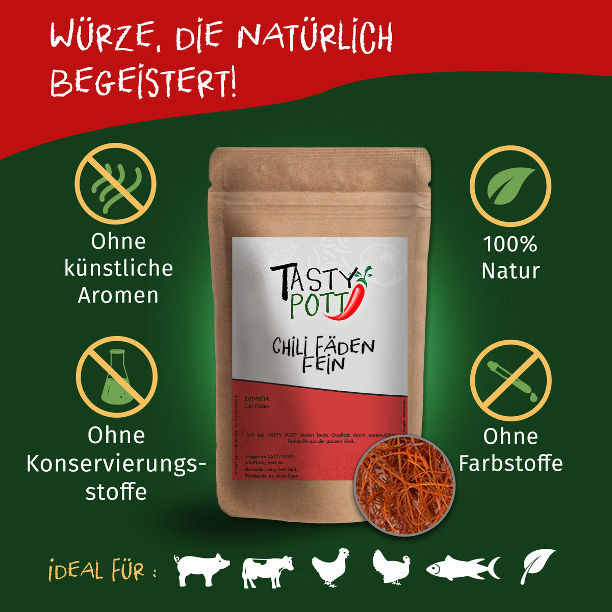 Tasty Pott Chili Fäden fein Nachfüllbeutel auf grünem Hintergrund, umgeben von Symbolen für natürliche Zutaten und ohne Zusatzstoffe.
