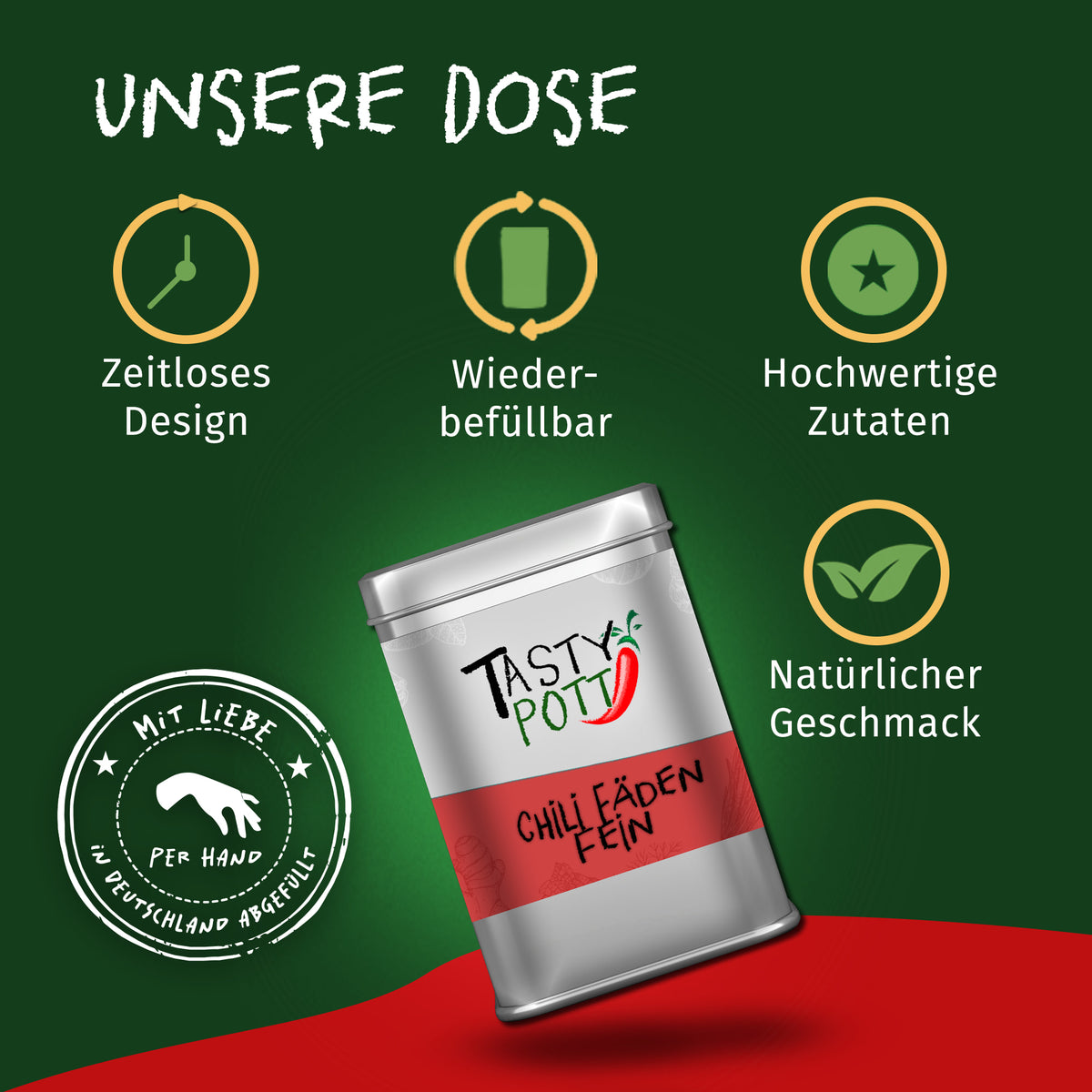 Tasty Pott Dose Chilifäden fein auf grünem Hintergrund, hervorgehoben durch Symbole für Design, Wiederbefüllbarkeit und Qualität.