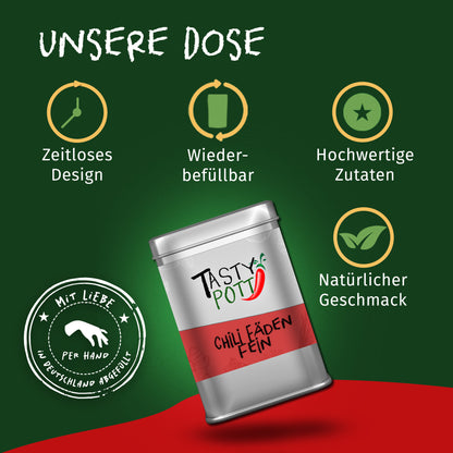 Tasty Pott Dose Chilifäden fein auf grünem Hintergrund, hervorgehoben durch Symbole für Design, Wiederbefüllbarkeit und Qualität.