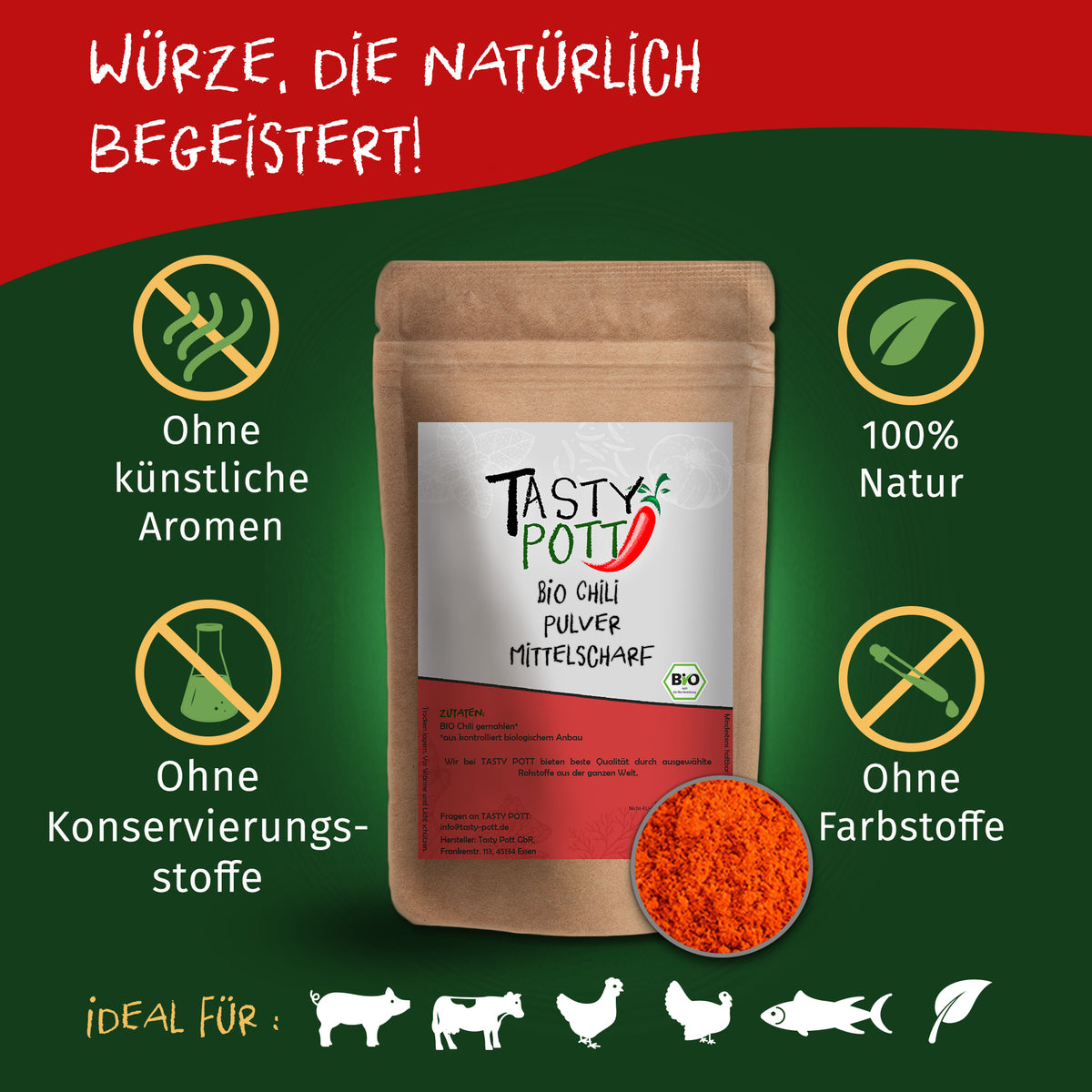 Tasty Pott Bio Chili Pulver mittelscharf - in verschiedenen Größen im Beutel — Abbildung 2