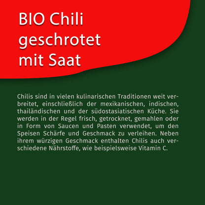 Texttafel mit Produktbeschreibung zu Bio Chili geschrotet mit Saat von Tasty Pott auf grün-rotem Hintergrund, ohne sichtbares Produkt.