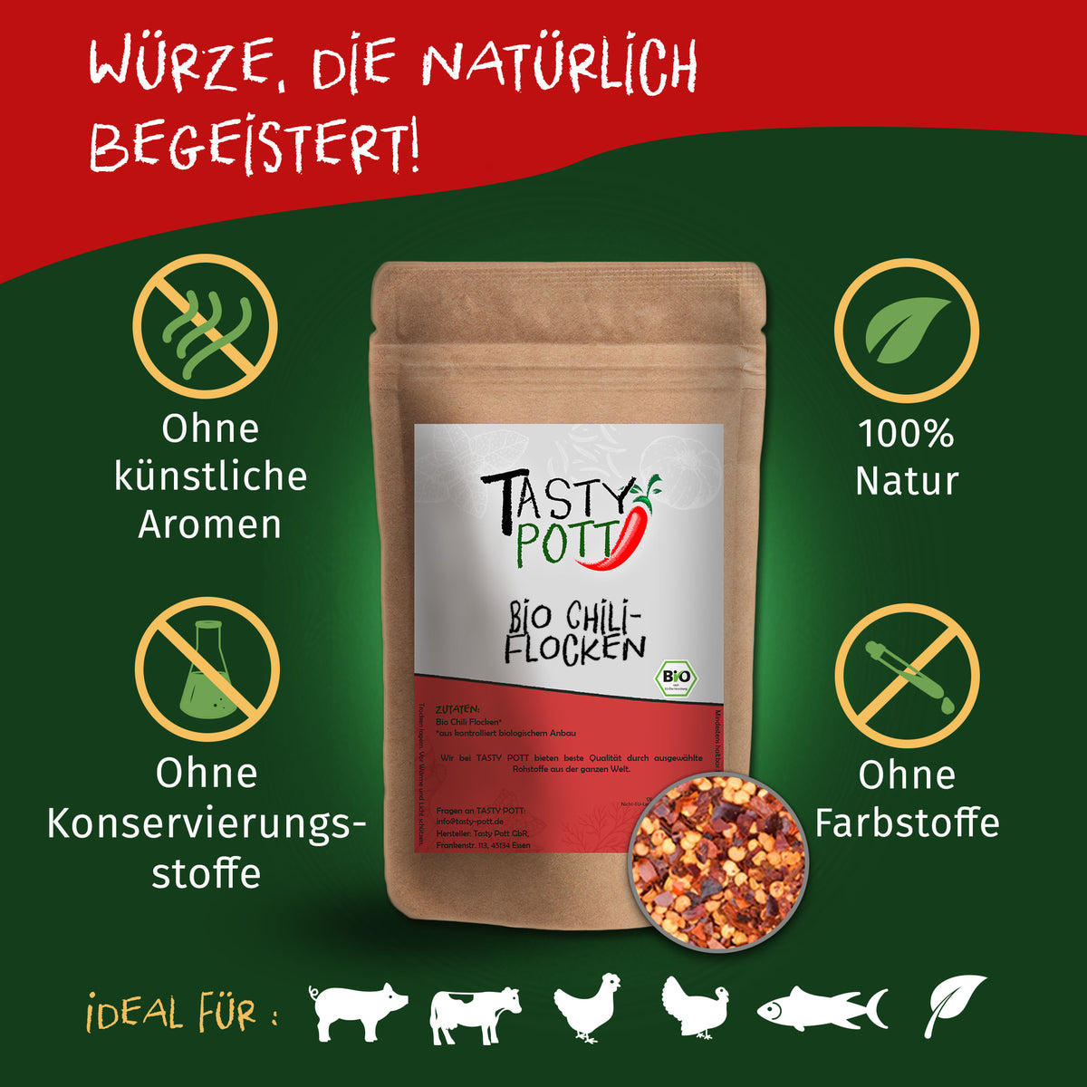 Tasty Pott Bio Chiliflocken scharf - 50g Dose — Abbildung 2
