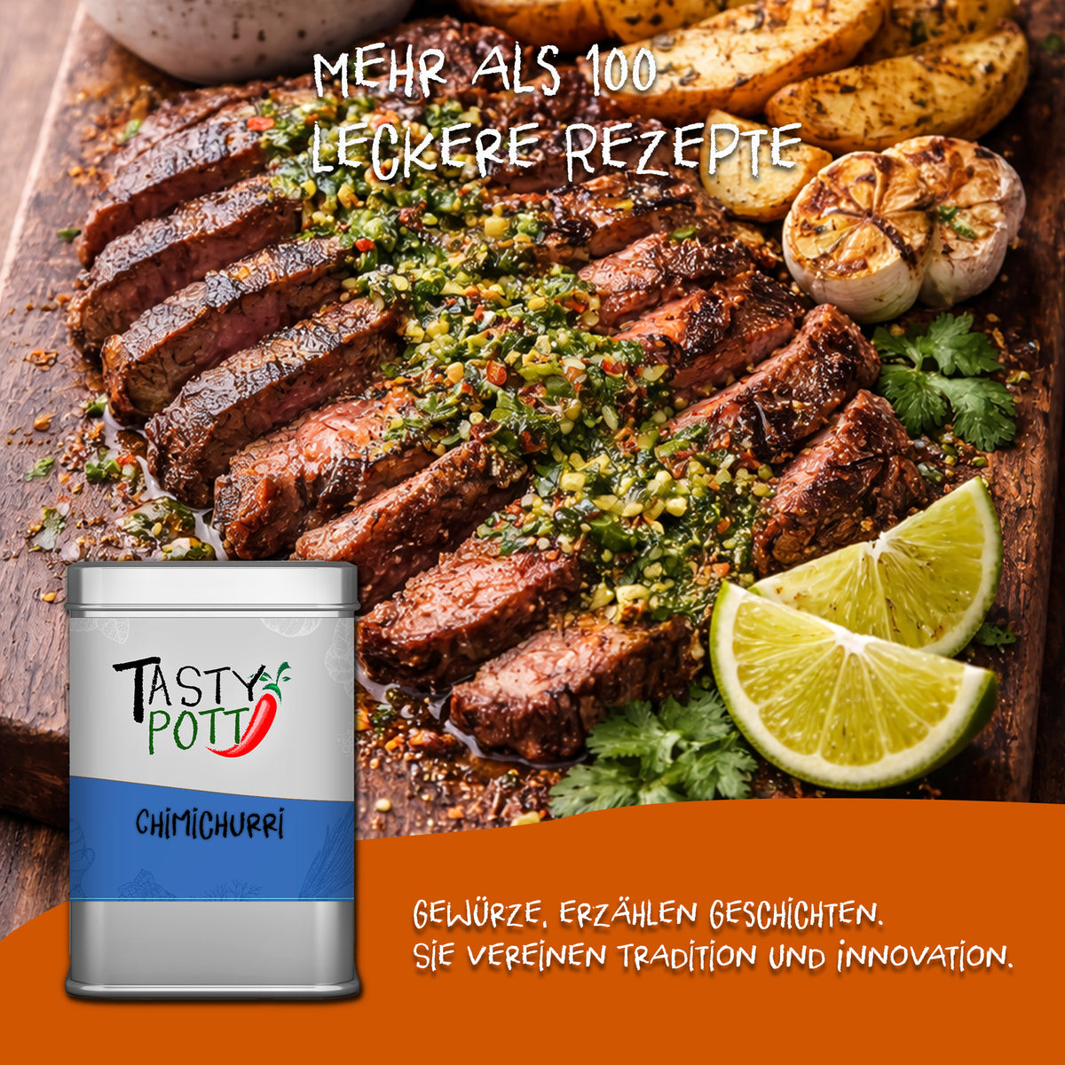 Gegrilltes Steak mit Chimichurri Gewürzmischung von Tasty Pott, Limettenspalten und Knoblauch auf Holzbrett, Dose im Vordergrund.