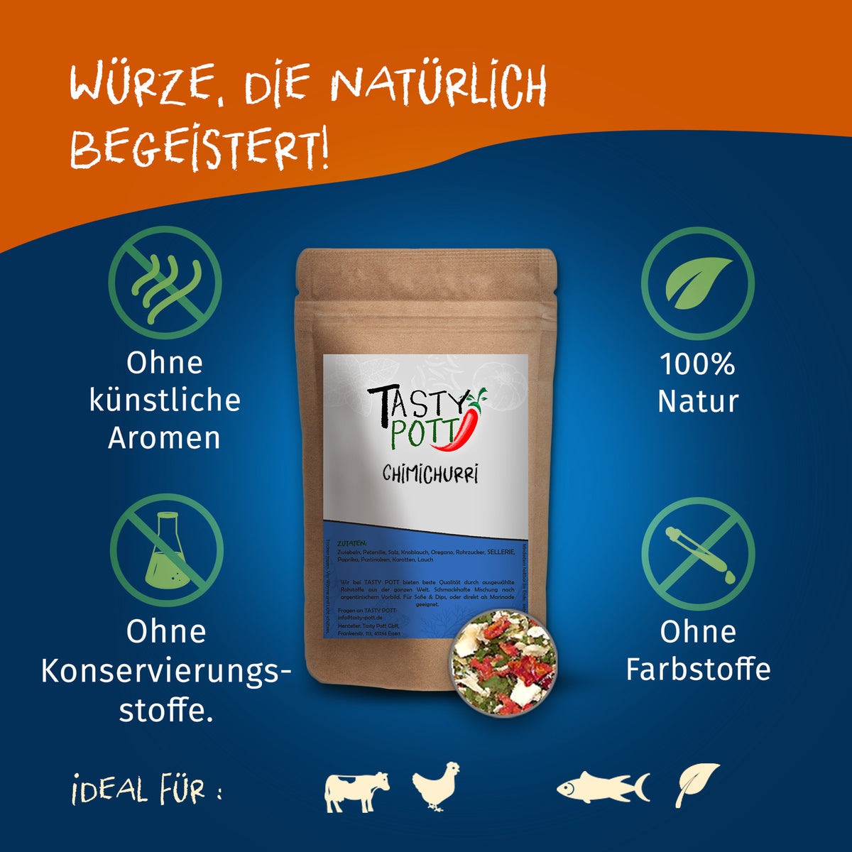 Tasty Pott Chimichuri Gewürzmischung im braunen Nachfüllbeutel, umgeben von Icons für natürliche Zutaten und ohne künstliche Zusätze auf blauem Hintergrund.