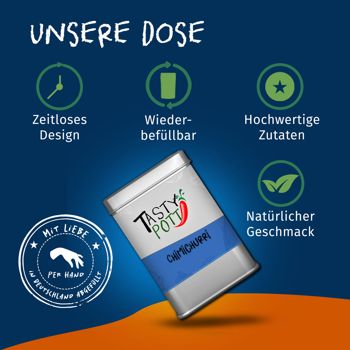 Silberne Tasty Pott Chimichuri Gewürzmischung-Dose auf blau-orangem Hintergrund, mit Icons für Design, Wiederbefüllbarkeit und hochwertige Zutaten.