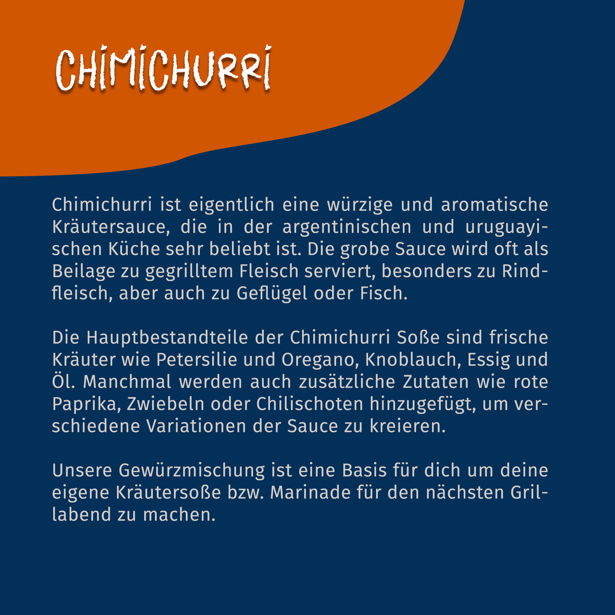Texttafel mit Beschreibung der Chimichurri Gewürzmischung von Tasty Pott, Zutaten und Verwendungsmöglichkeiten auf dunkelblauem Hintergrund.