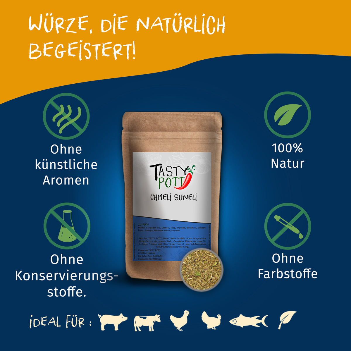 Chmeli Suneli Gewürzmischung von Tasty Pott im braunen Beutel, umgeben von Symbolen für natürliche Zutaten und verschiedene Gerichte.