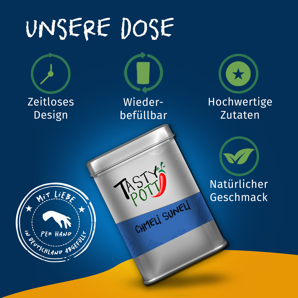Tasty Pott Chmeli Suneli Gewürzmischung Dose schräg stehend vor blau-gelbem Hintergrund mit Icons zu Design und Wiederbefüllbarkeit.