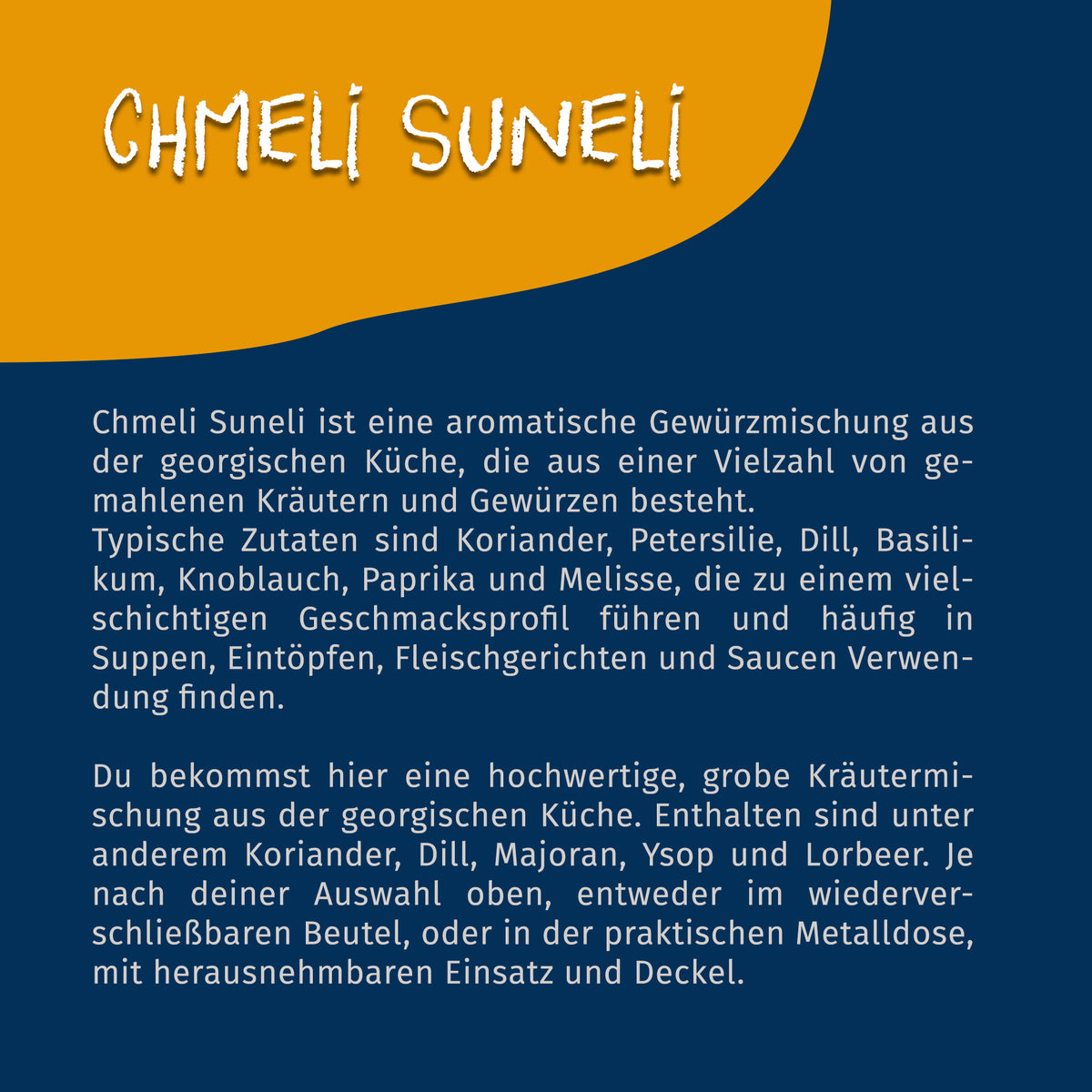 Infografik mit Beschreibung der Chmeli Suneli Gewürzmischung von Tasty Pott auf blau-gelbem Hintergrund.