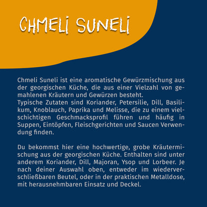 Infografik mit Beschreibung der Chmeli Suneli Gewürzmischung von Tasty Pott auf blau-gelbem Hintergrund.