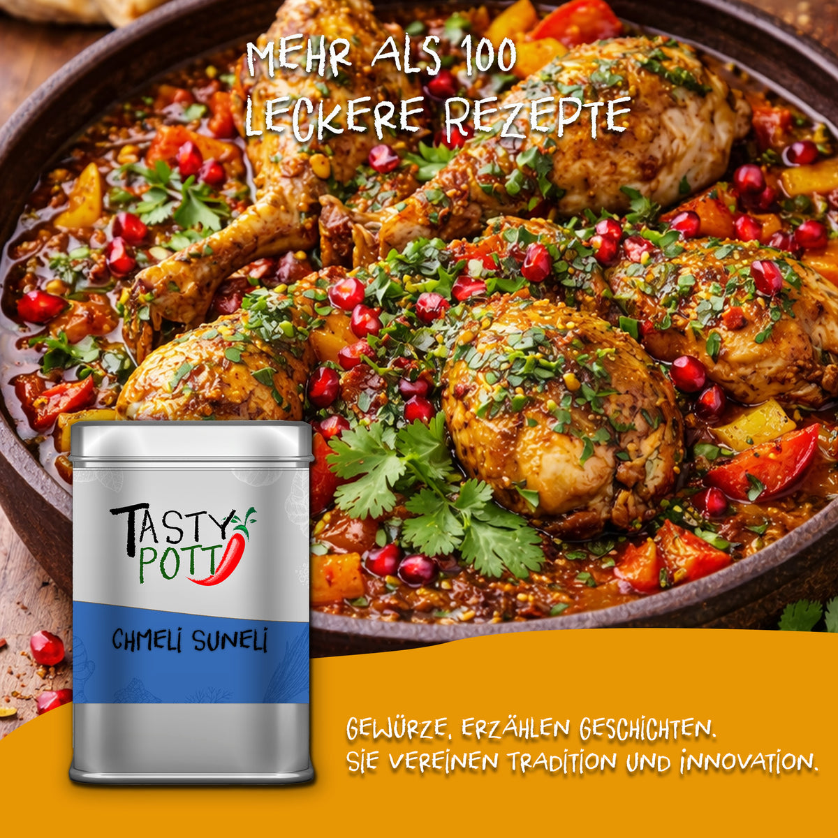Gericht mit Hähnchenkeulen, Gemüse und Kräutern, vorne die Tasty Pott Chmeli Suneli Gewürzmischung Dose.