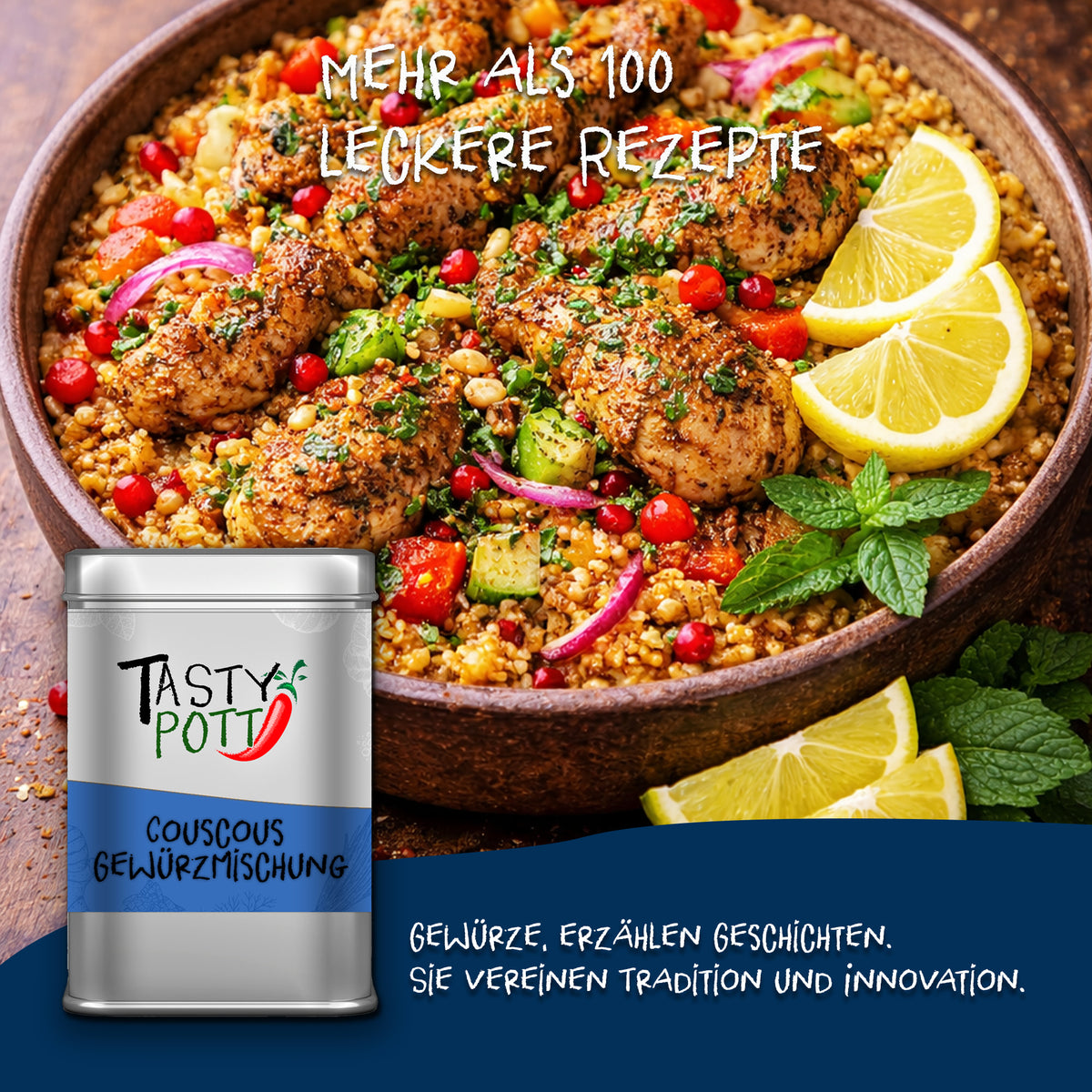 Schale mit Couscous, Gemüse, Kräutern und Hähnchen, daneben Tasty Pott Gewürzmischung Dose und Zitronenspalten.