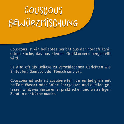 Infografik mit Text zur Herkunft und Verwendung von Couscous, passend zur Tasty Pott Gewürzmischung.