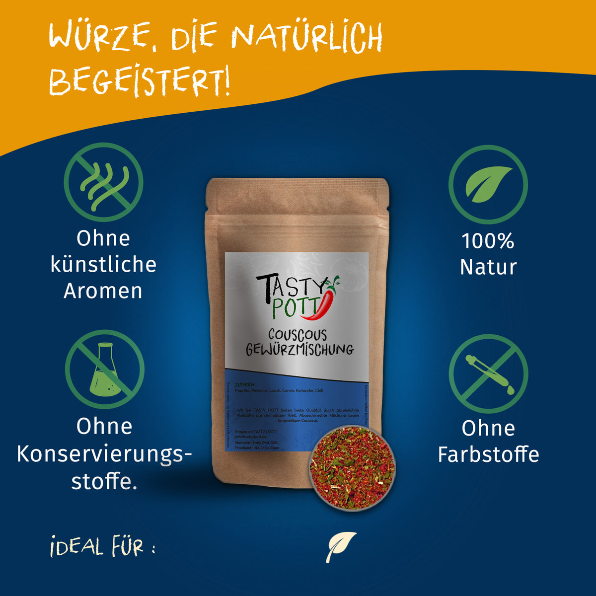 Tasty Pott Couscous Gewürzmischung im braunen Beutel, umgeben von Symbolen für natürliche Zutaten und ohne Zusatzstoffe.