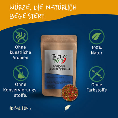 Tasty Pott Couscous Gewürzmischung im braunen Beutel, umgeben von Symbolen für natürliche Zutaten und ohne Zusatzstoffe.