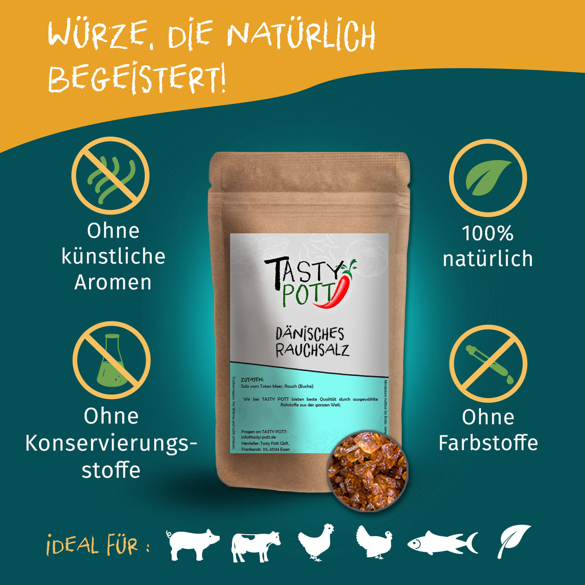 Tasty Pott Dänisches Rauchsalz Nachfüllbeutel vor grün-gelbem Hintergrund mit Symbolen für natürliche Zutaten und ohne Zusatzstoffe.