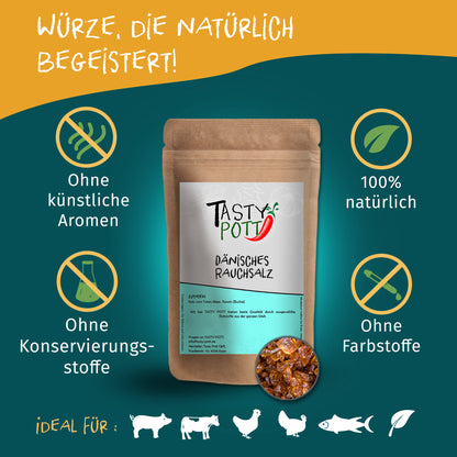Tasty Pott Dänisches Rauchsalz Nachfüllbeutel vor grün-gelbem Hintergrund mit Symbolen für natürliche Zutaten und ohne Zusatzstoffe.