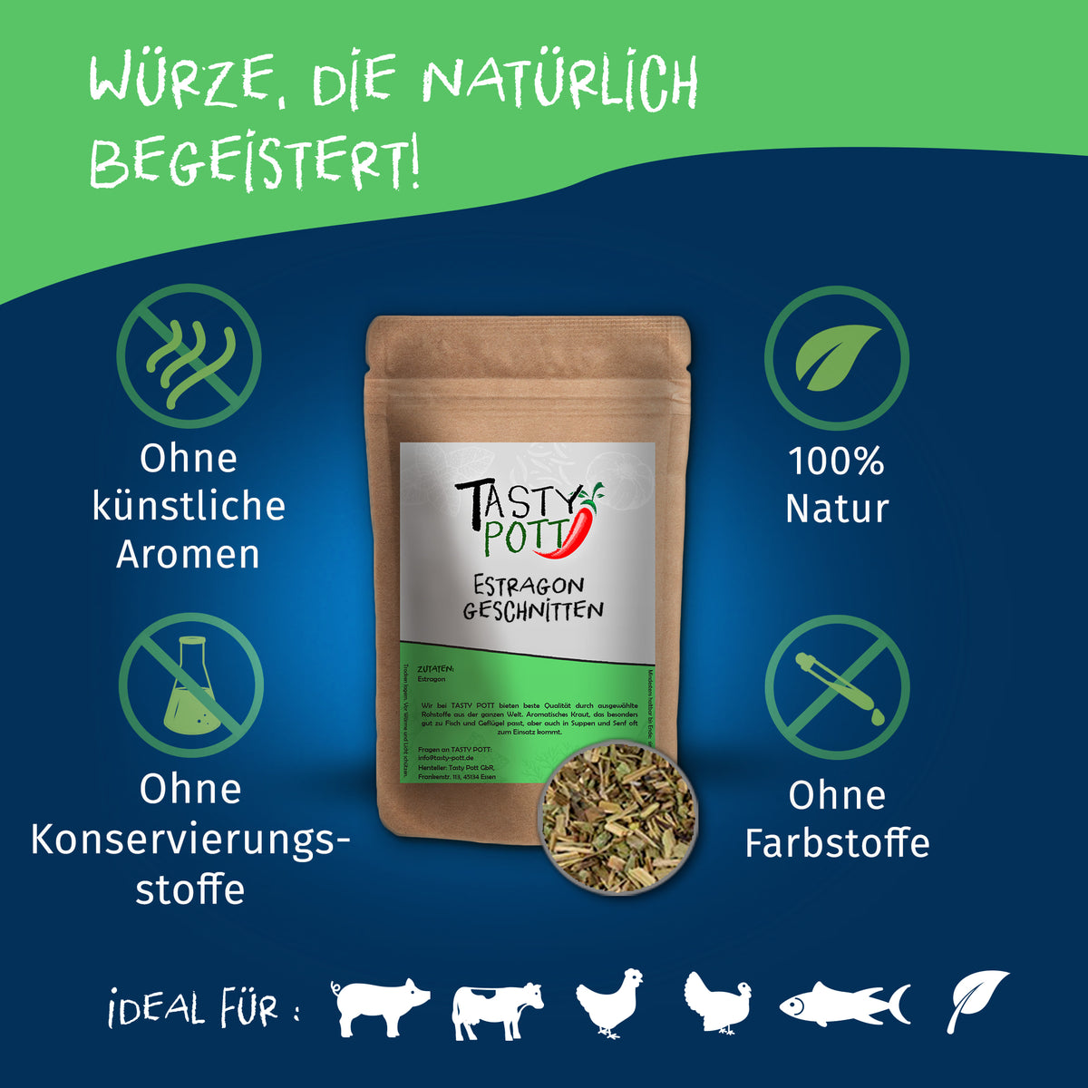 Tasty Pott Estragon geschnitten im Nachfüllbeutel, umgeben von Symbolen für natürliche Zutaten und ohne künstliche Zusätze, ideal zum Kochen und Backen.