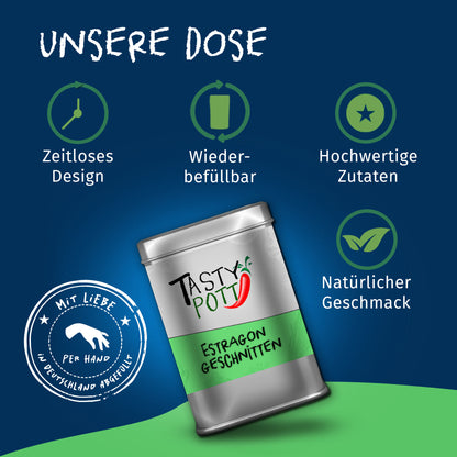 Tasty Pott Estragon geschnitten in einer silbernen Dose mit grünem Etikett, präsentiert als wiederbefüllbares Gewürze-Behältnis für die Küche.