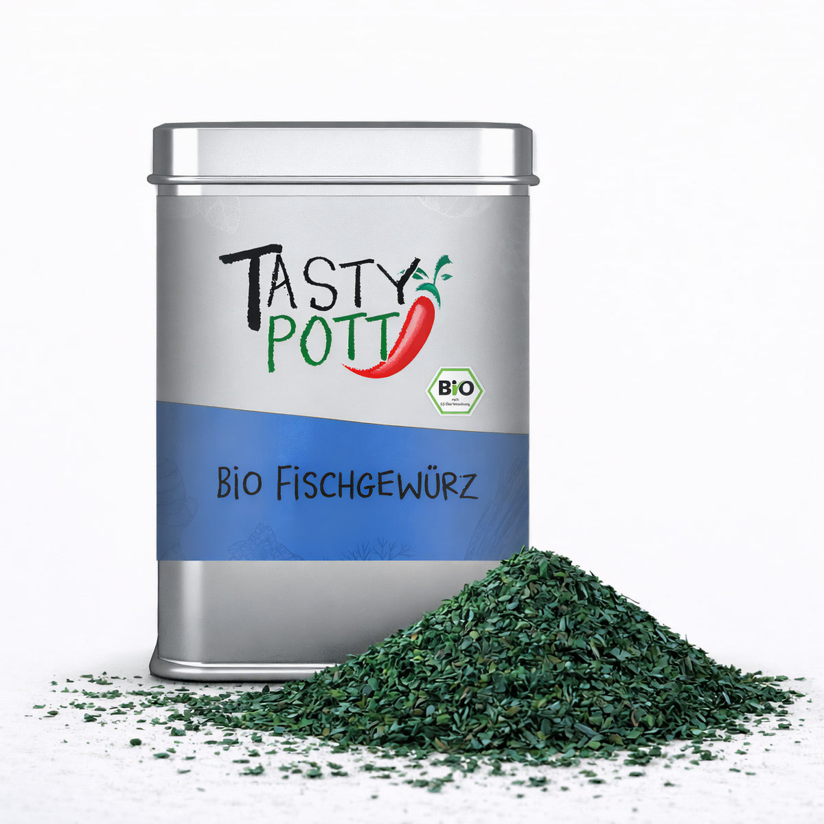 Tasty Pott Bio Fischgewürz in silberner 100g Dose, davor ein Haufen grüner Kräutermischung auf weißem Untergrund.