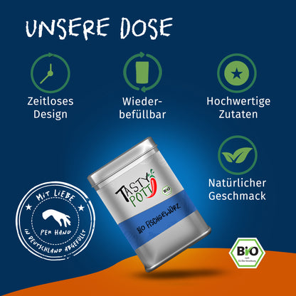 Tasty Pott Fischgewürz Gewürzmischung in silberner Dose, schräg stehend, mit Symbolen für Design, Wiederbefüllbarkeit und natürliche Zutaten.