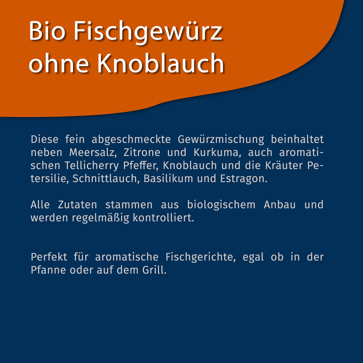 Texttafel mit Beschreibung der Tasty Pott Bio Fischgewürz Gewürzmischung ohne Knoblauch auf blauem Hintergrund.