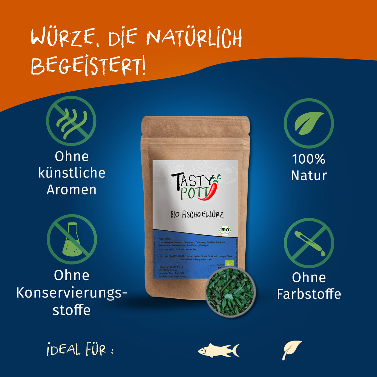 Tasty Pott Fischgewürz Nachfüllbeutel stehend auf blauem Hintergrund, umgeben von Symbolen für natürliche Zutaten und ohne Zusatzstoffe.