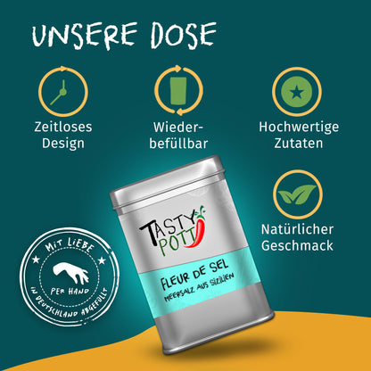 Tasty Pott Fleur de Sel Meersalz Dose mit Produktvorteilen wie zeitlosem Design und Nachfüllbarkeit auf grünem Hintergrund.