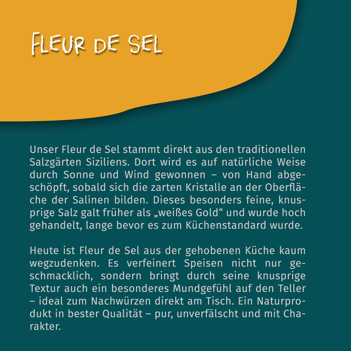 Texttafel mit Beschreibung zur Herkunft und Besonderheit von Tasty Pott Fleur de Sel Meersalz aus Sizilien.