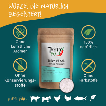Tasty Pott Fleur de Sel Meersalz Nachfüllbeutel stehend, umgeben von Symbolen für natürliche Zutaten und ohne Zusatzstoffe.