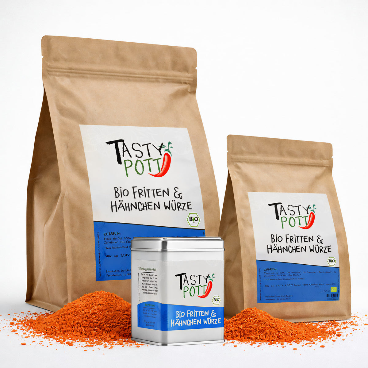 Drei Tasty Pott Bio Fritten & Hähnchen Würze Verpackungen im Beutel und in der Dose, mit losem Gewürzsalz auf weißem Hintergrund.