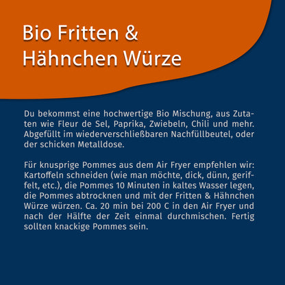 Texttafel mit Beschreibung und Anwendungstipps für das Tasty Pott Bio Fritten & Hähnchen Gewürzsalz 100g, aufgeteilt in orange und blau.