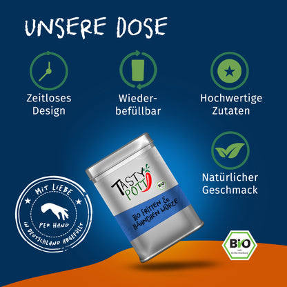 Tasty Pott Bio Fritten & Hähnchen Gewürzsalz 100g Dose auf blauem Hintergrund mit Icons für Design, Wiederbefüllbarkeit und hochwertige Gewürze.