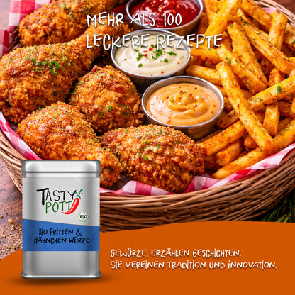 Serviervorschlag mit gewürzten Pommes und Hähnchenschenkeln, dazu Dips und eine Dose Tasty Pott Fritten & Hähnchen Würze im Vordergrund.