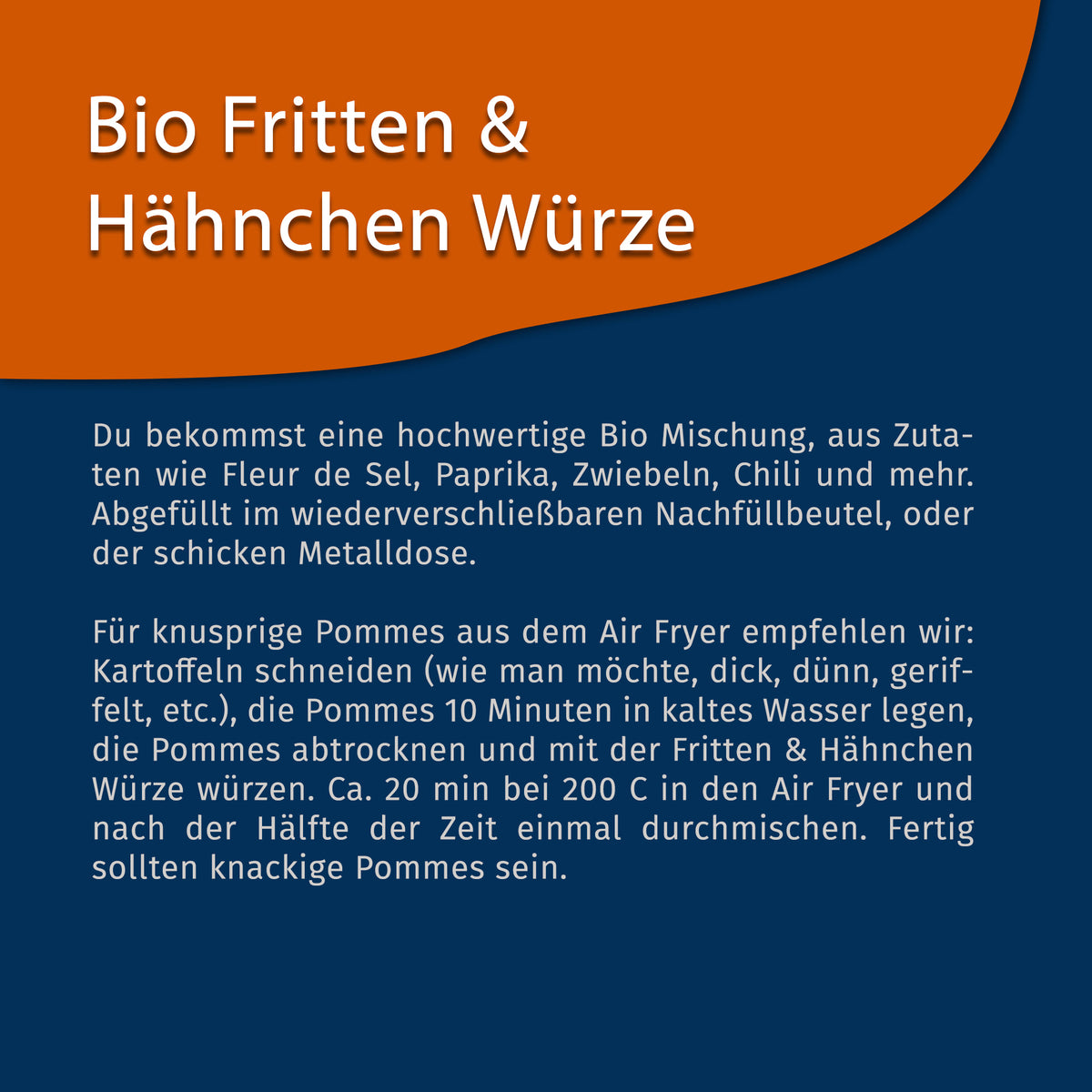 Texttafel mit Beschreibung der Tasty Pott Bio Fritten & Hähnchen Würze und Anwendungstipps für knusprige Pommes aus dem Air Fryer.