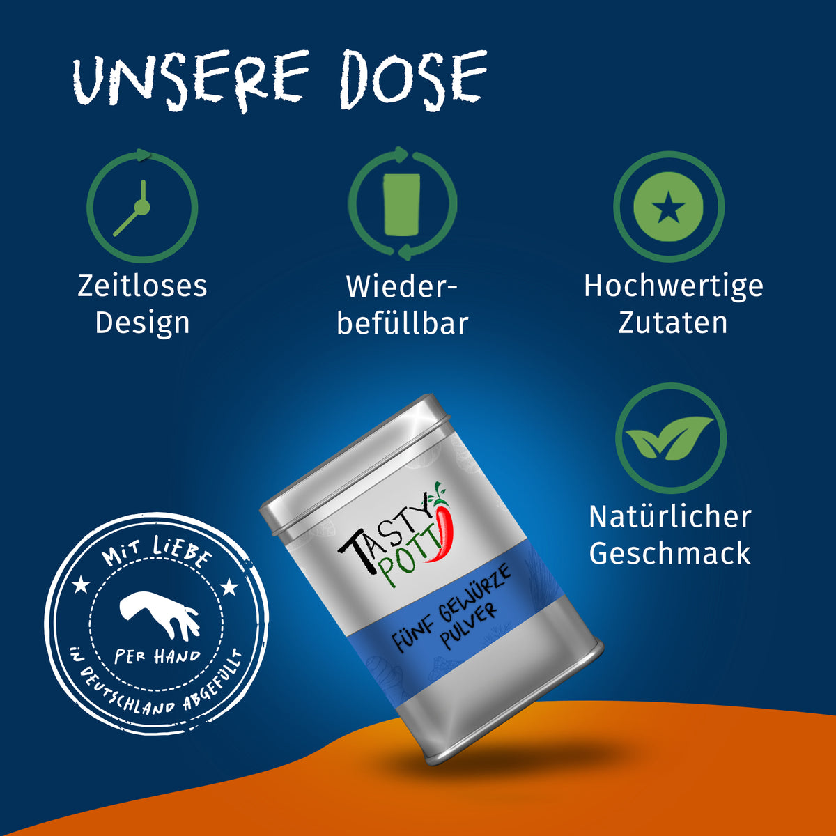 Tasty Pott Fünf Gewürze Pulver in einer silbernen Metalldose, präsentiert auf blauem Hintergrund mit Symbolen für Design, Wiederbefüllbarkeit und hochwertige Gewürzmischung.