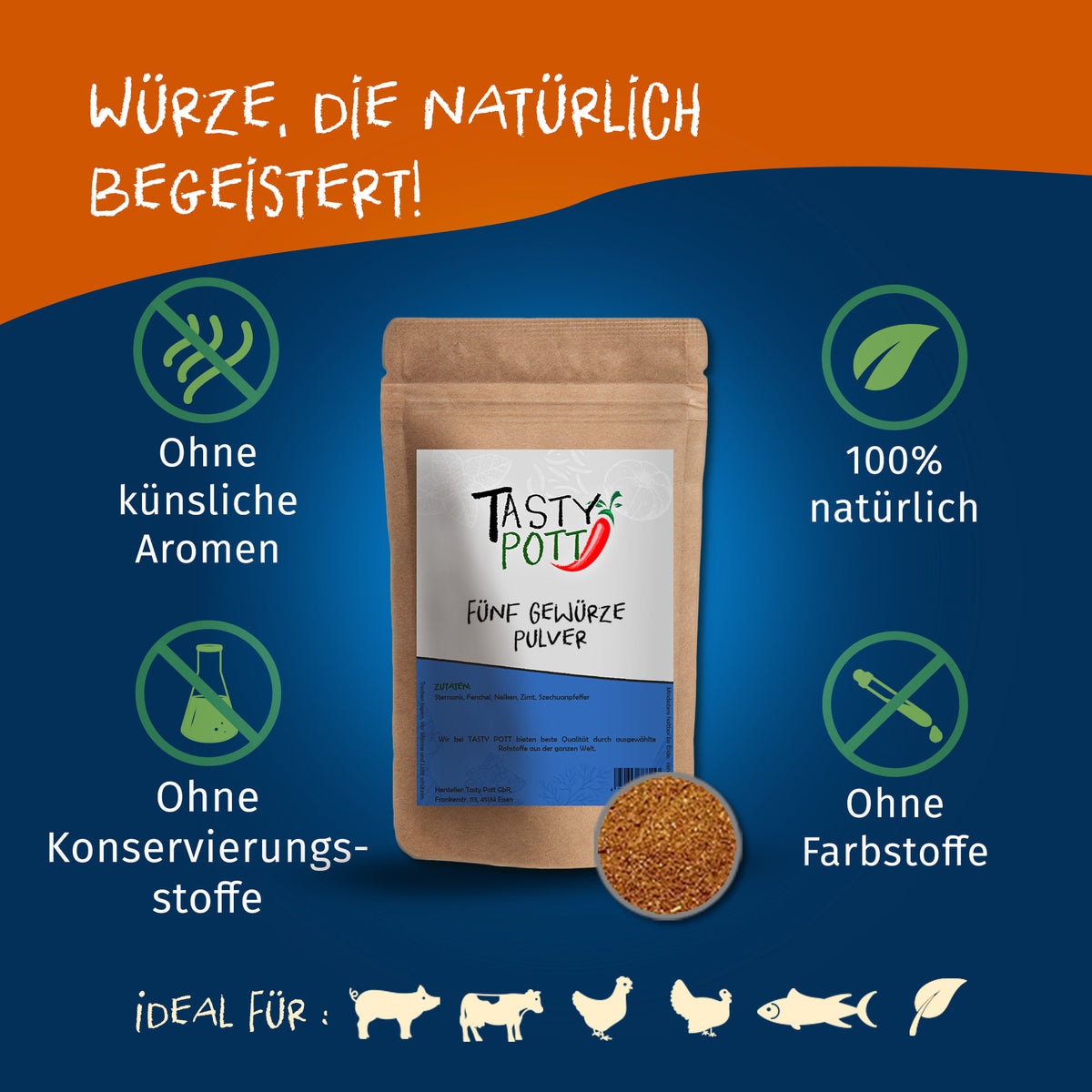 Fünf Gewürze Pulver Mischung von Tasty Pott im braunen Nachfüllbeutel, umgeben von Icons für natürliche Zutaten und ohne Zusatzstoffe.