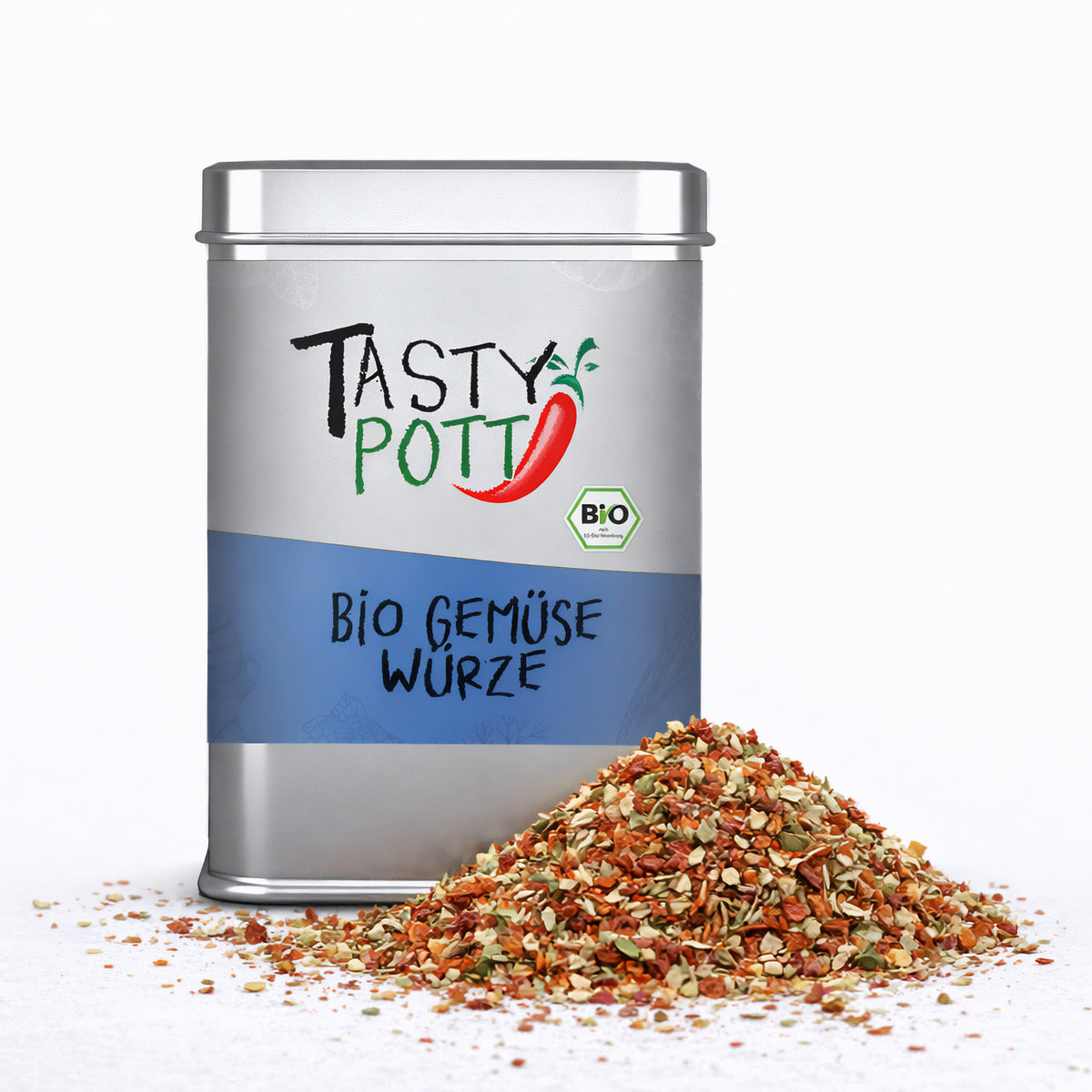 Tasty Pott Bio Gemüse Würze Dose mit einem Haufen bunter Gewürzmischung auf weißem Untergrund.