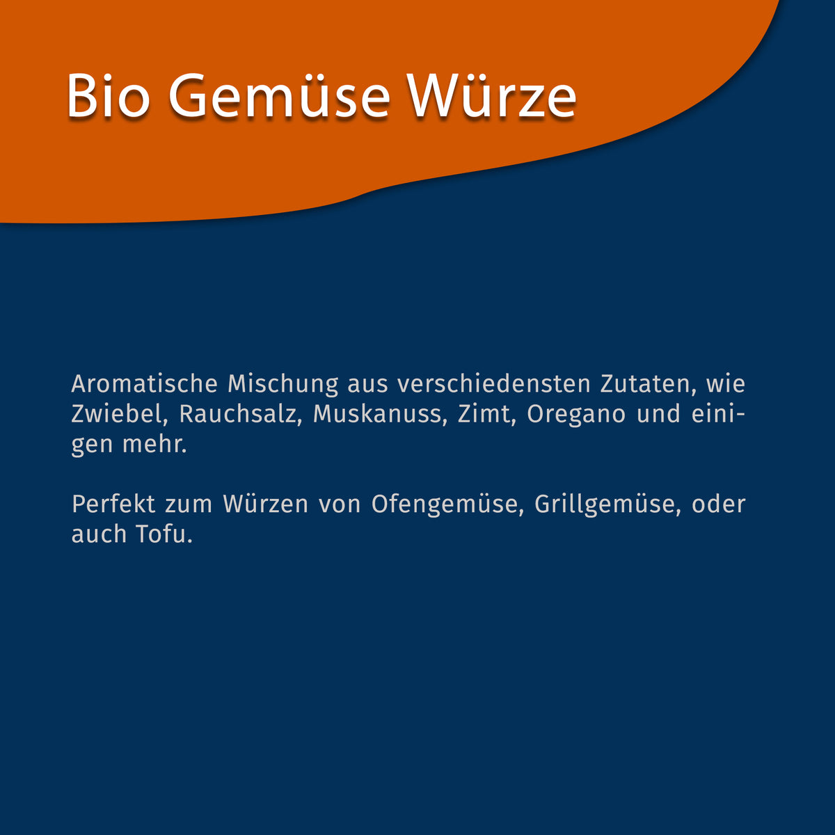 Texttafel mit Beschreibung der Tasty Pott Bio Gemüse Gewürzmischung und Anwendung für Ofengemüse, Grillgemüse oder Tofu.