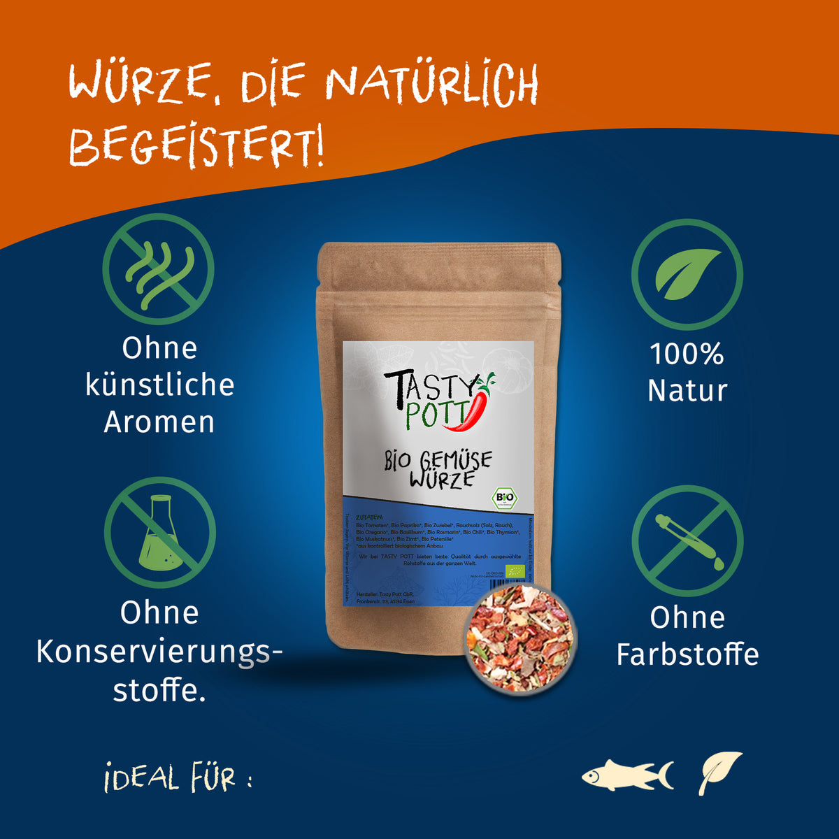 Tasty Pott Bio Gemüse Würze im braunen Beutel vor blauem Hintergrund mit Icons für natürliche gewürze und ohne Zusatzstoffe.