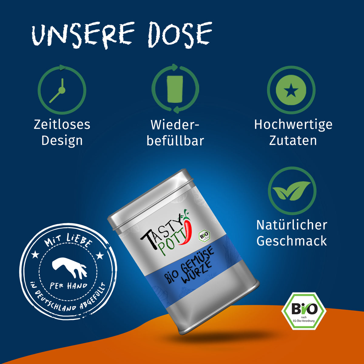 Schräg stehende Tasty Pott Gemüse Würze Dose vor blauem Hintergrund mit Symbolen für Design, Wiederbefüllbarkeit und hochwertige gewürzmischungen.