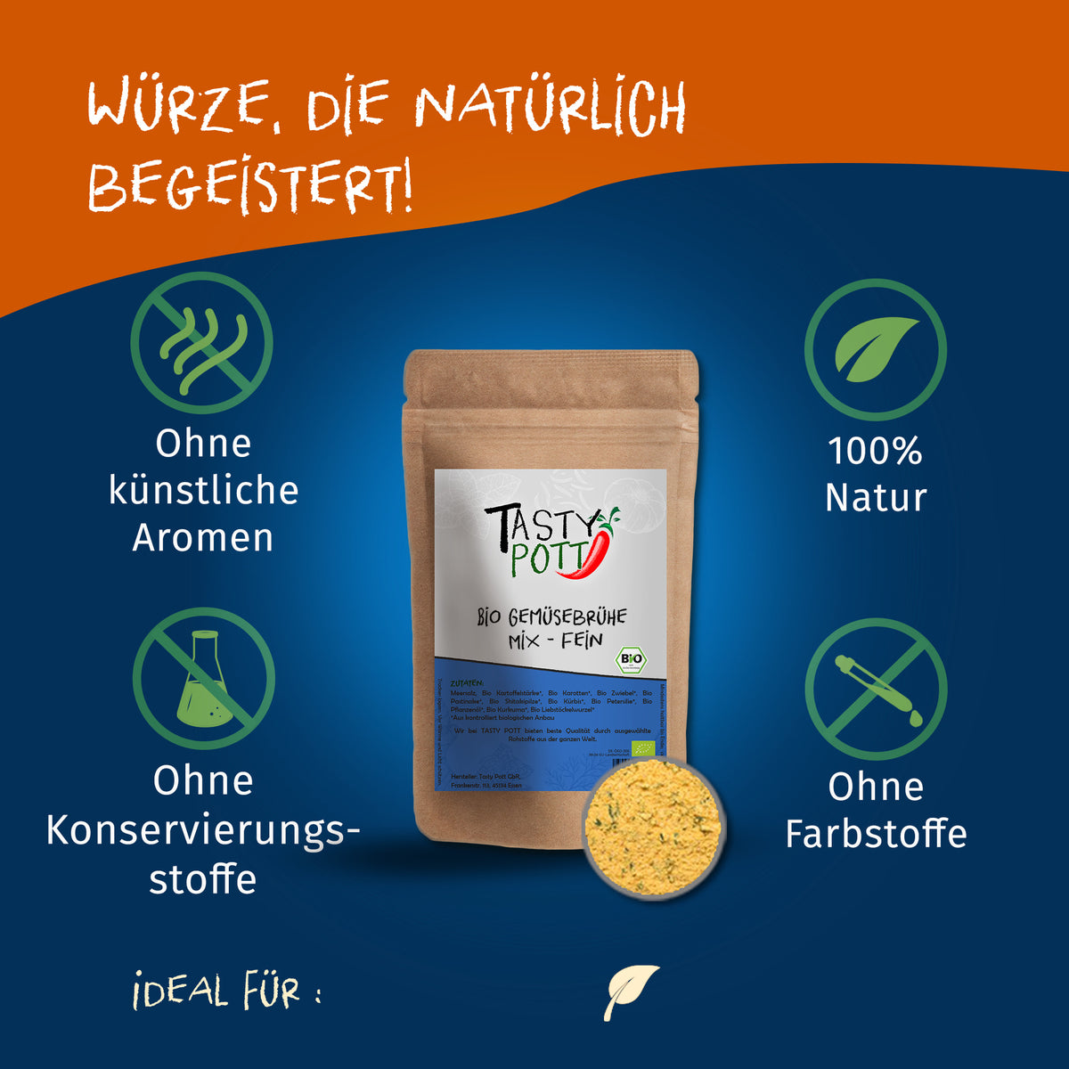 Tasty Pott Bio Gemüsebrühe im braunen Nachfüllbeutel mit Sichtfenster, daneben ein kleiner Haufen Brühepulver, umgeben von Symbolen für natürliche gewürze und ohne Zusatzstoffe.