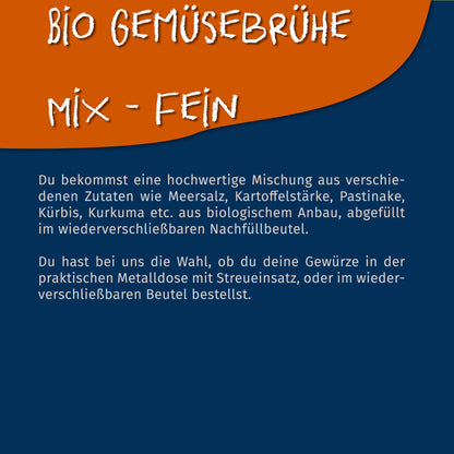 Texttafel mit Beschreibung der Bio Gemüsebrühe von Tasty Pott, Zutatenliste und Hinweis auf Nachfüllbeutel und Metalldose.