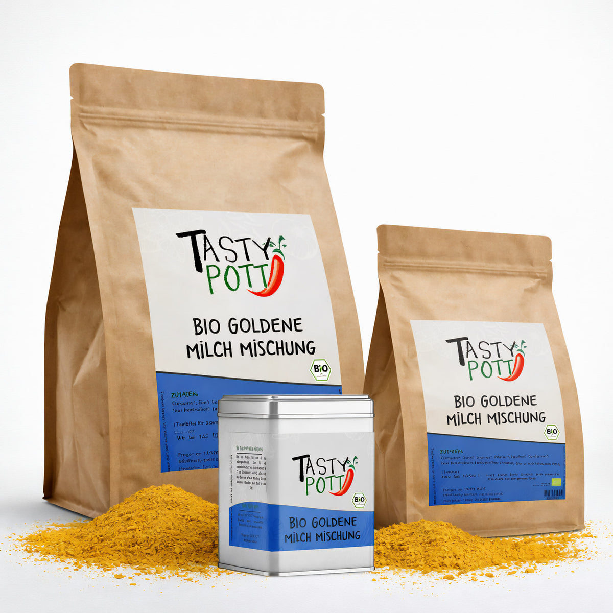 Drei Tasty Pott Bio Goldene Milch Gewürzmischung Verpackungen, zwei braune Nachfüllbeutel und eine silberne Dose, mit gelbem Pulver davor auf weißem Hintergrund.
