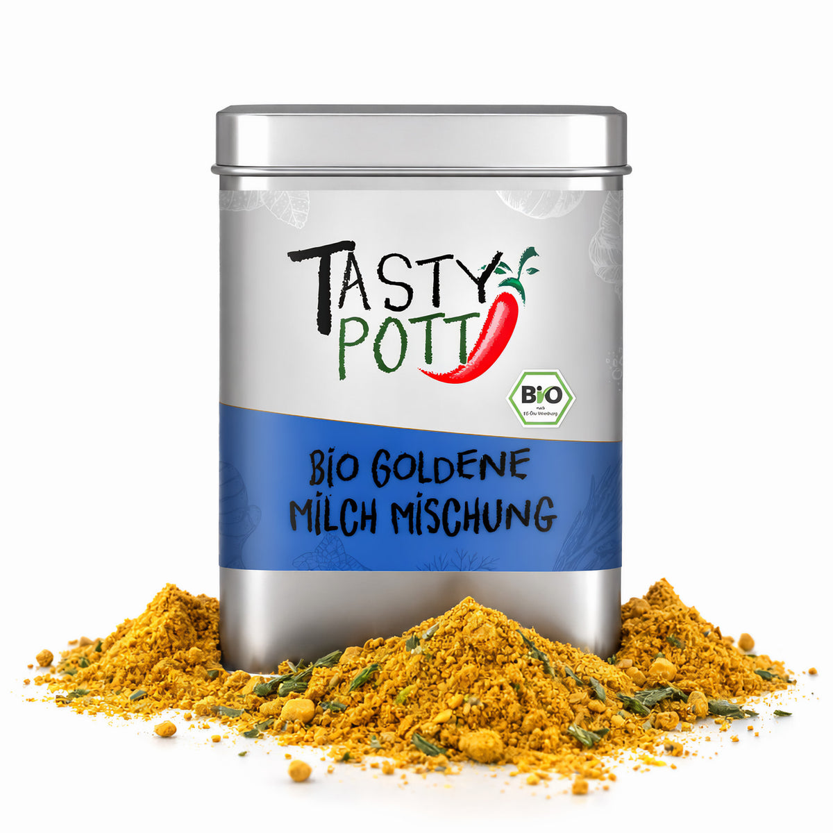 Tasty Pott Dose mit Bio Goldene Milch Mischung, umgeben von gelber Gewürzmischung auf weißem Hintergrund.