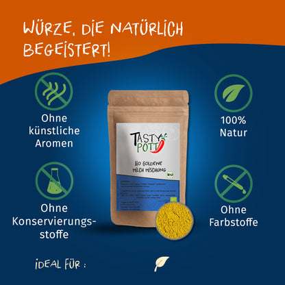 Tasty Pott Bio Goldene Milch Mischung im braunen Beutel, umgeben von Symbolen für natürliche Zutaten und ohne Zusatzstoffe.