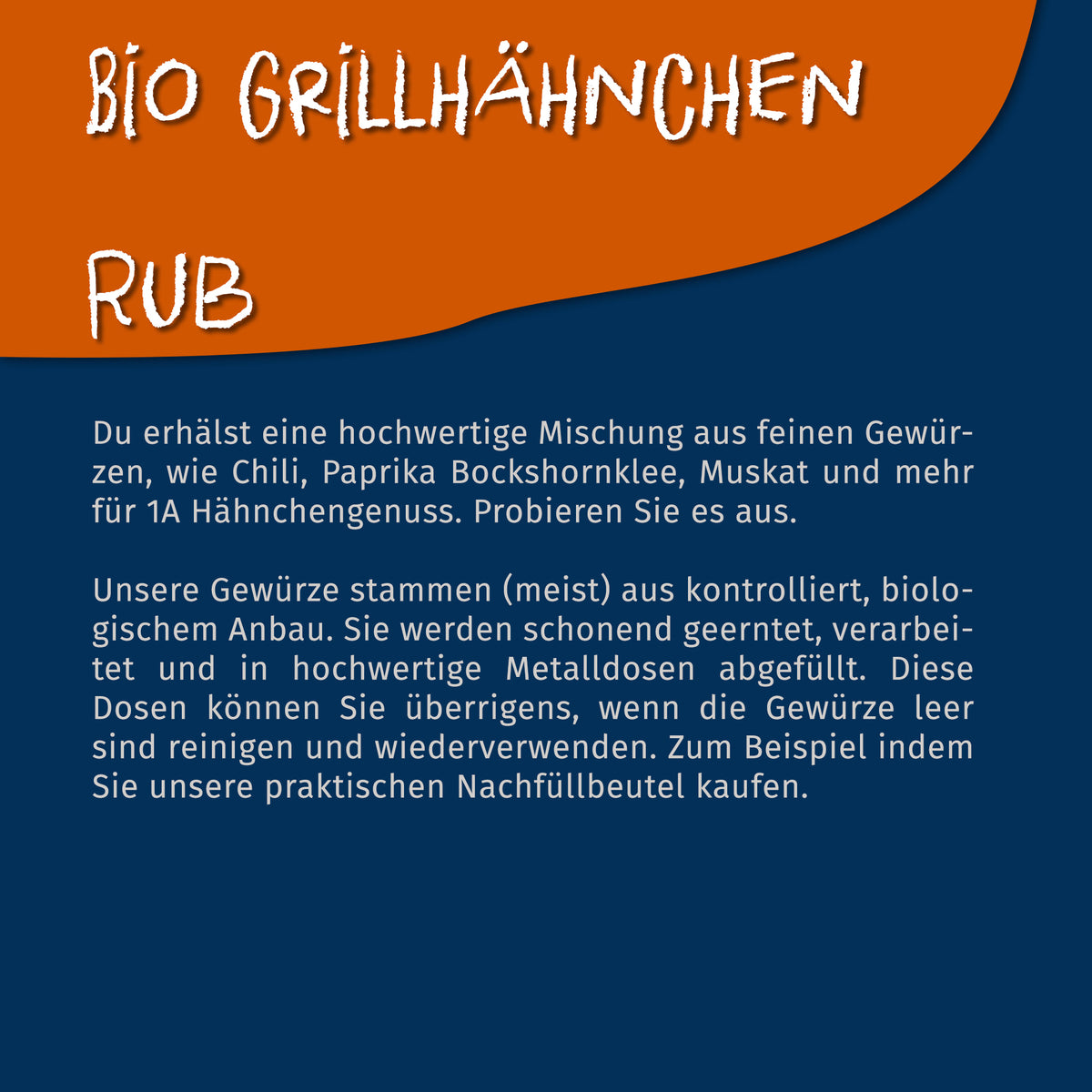 Texttafel mit Beschreibung der Tasty Pott Grillhähnchen Gewürze, Fokus auf Bio-Anbau und Nachfüllbeutel, auf blau-orangefarbenem Hintergrund.